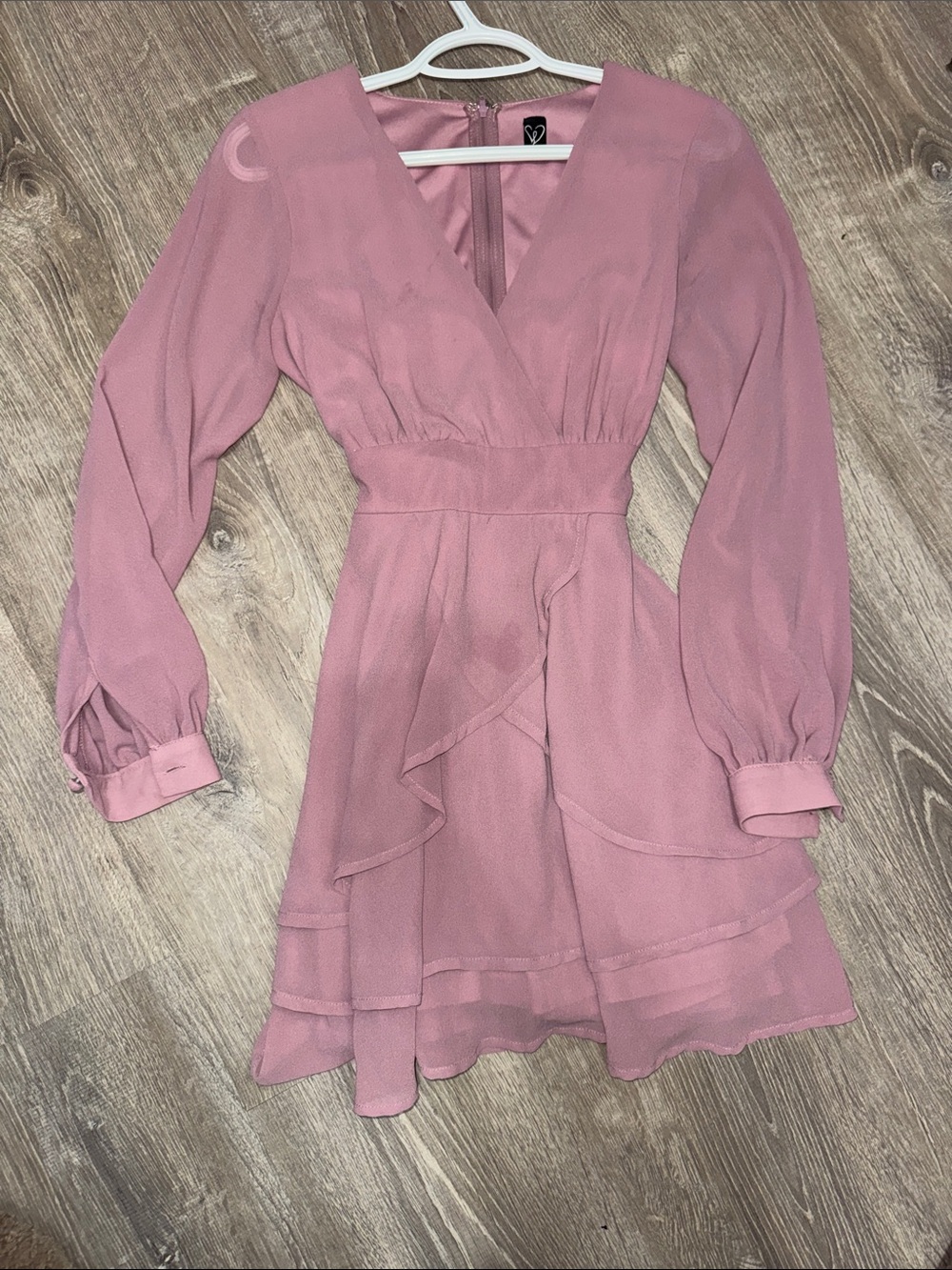 Windsor Dusty Rose Wrap V-Neck Ruffle Long Sleeve Dress